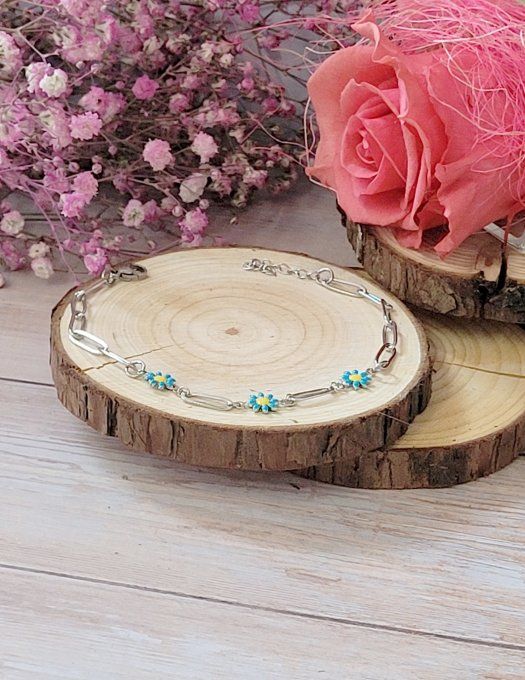 Bracelet Marguerite Créations de Rêve Acier Argent Bleu Fait Main