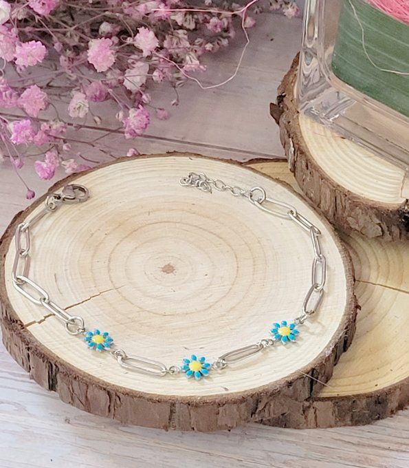 Bracelet Marguerite Créations de Rêve Acier Argent Bleu Fait Main