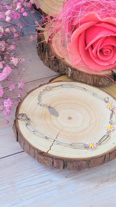 Bracelet Marguerite en acier argent et rose clair