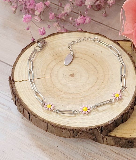Bracelet Marguerite en acier argent et rose clair