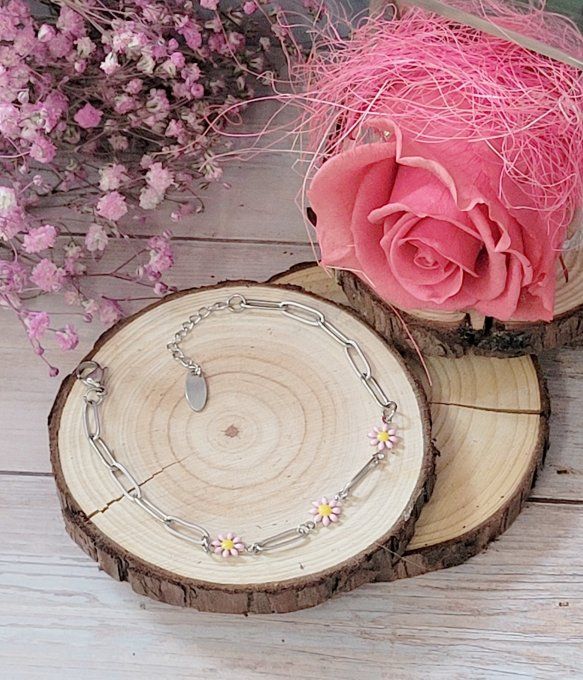 Bracelet Marguerite en acier argent et rose clair
