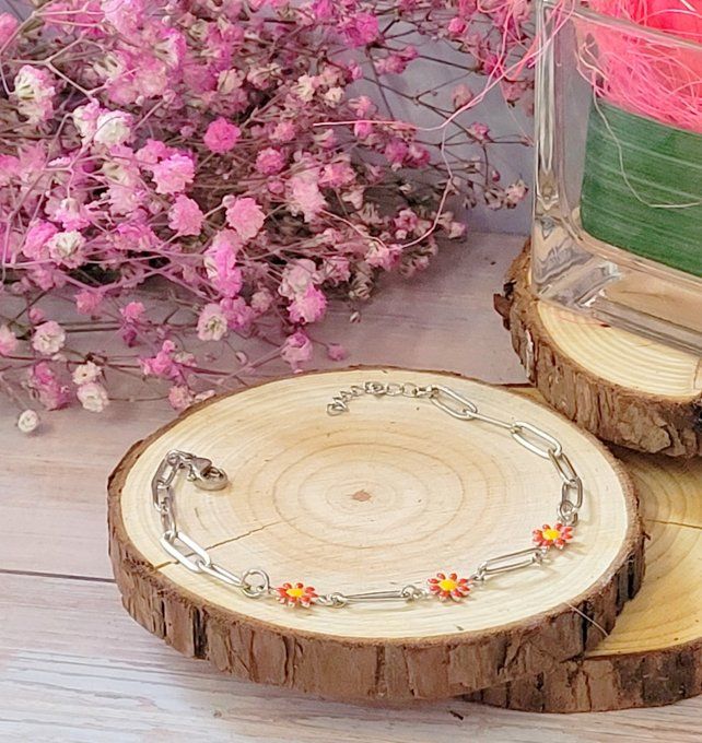 Bracelet "Marguerite" en acier argent et rouge