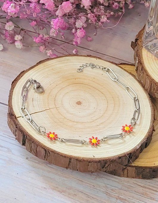 Bracelet "Marguerite" en acier argent et rouge