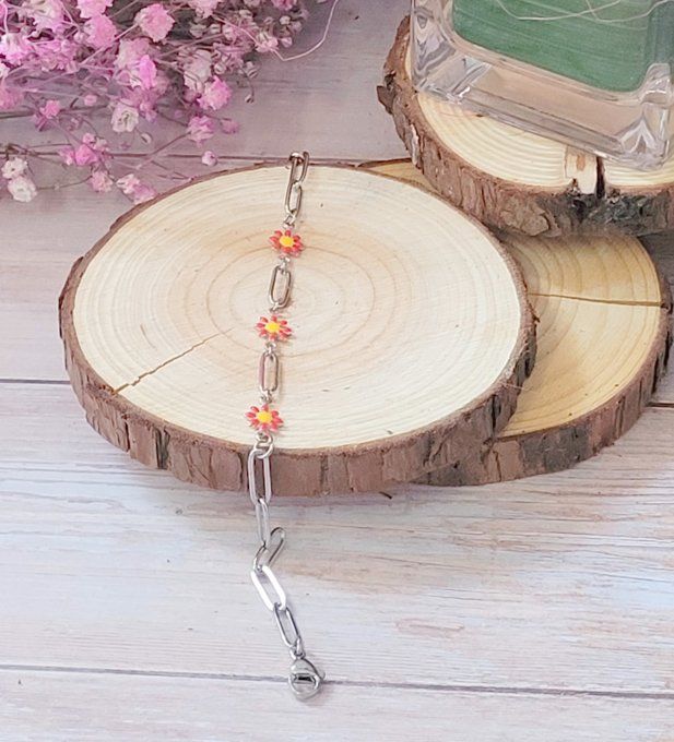 Bracelet "Marguerite" en acier argent et rouge
