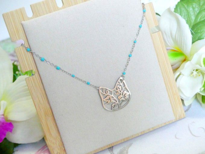 Collier chat filigrane en acier inoxydable argent et chaine colorée