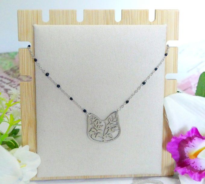 Collier chat filigrane en acier inoxydable argent et chaine colorée