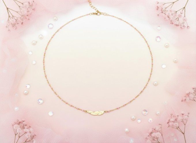 Collier court plume acier inoxydable doré et rose clair