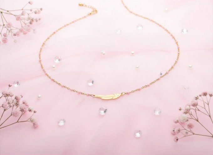 Collier court plume acier inoxydable doré et rose clair