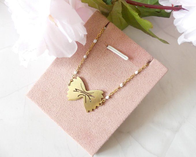 Collier de nouilles farfale en acier inoxydable blanc et doré