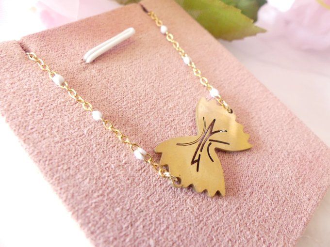 Collier de nouilles farfale en acier inoxydable blanc et doré