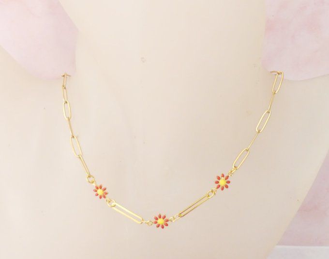 Collier Marguerite en acier doré et rouge