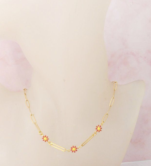 Collier Marguerite en acier doré et rouge