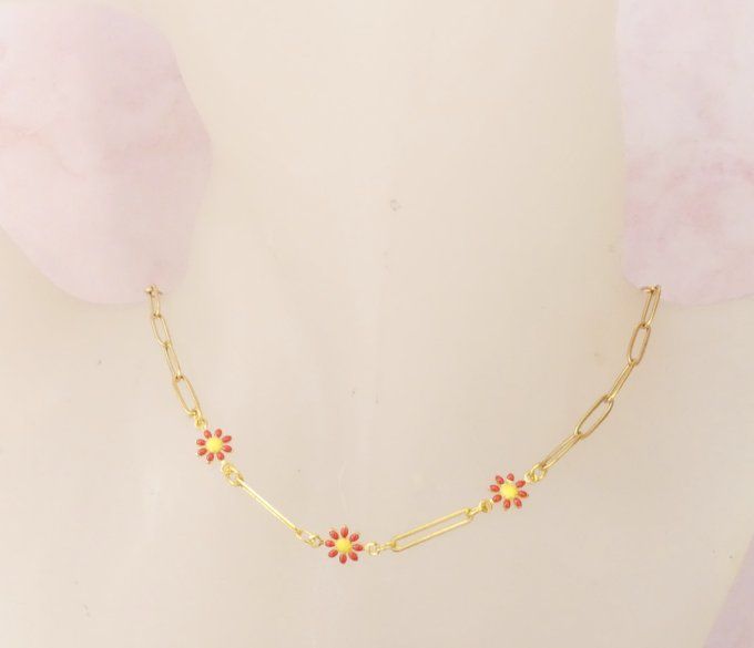 Collier Marguerite en acier doré et rouge