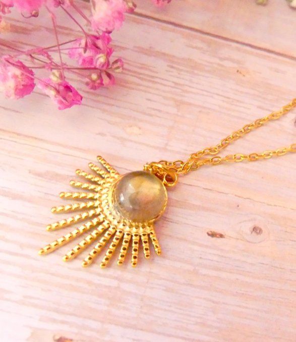 Collier SOLAIRE en acier doré 18k et Labradorite