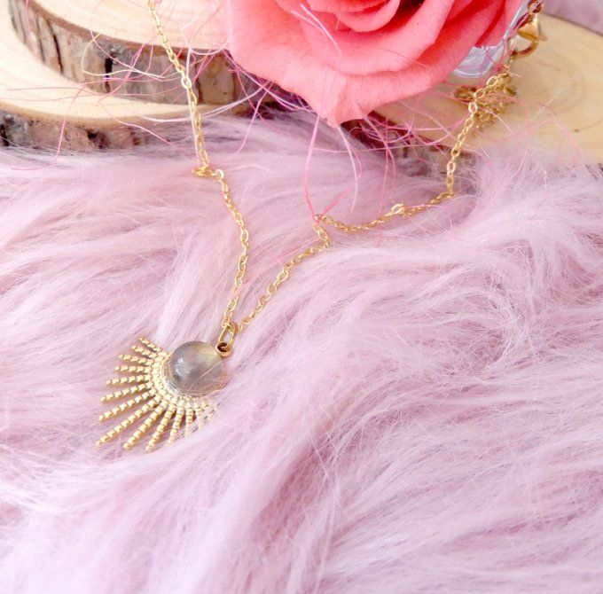 Collier SOLAIRE en acier doré 18k et Labradorite