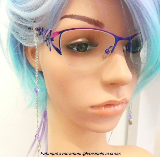 Cordon à lunette acier argent et perles étoiles rouge