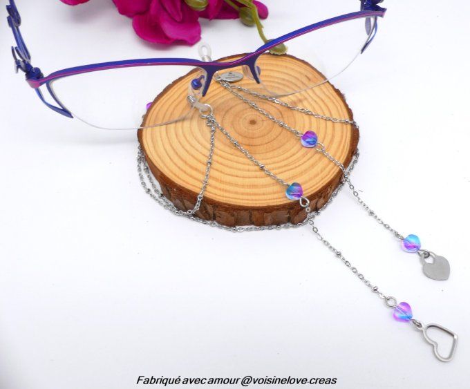 Cordon à lunette acier argent et perles coeur rose et bleu