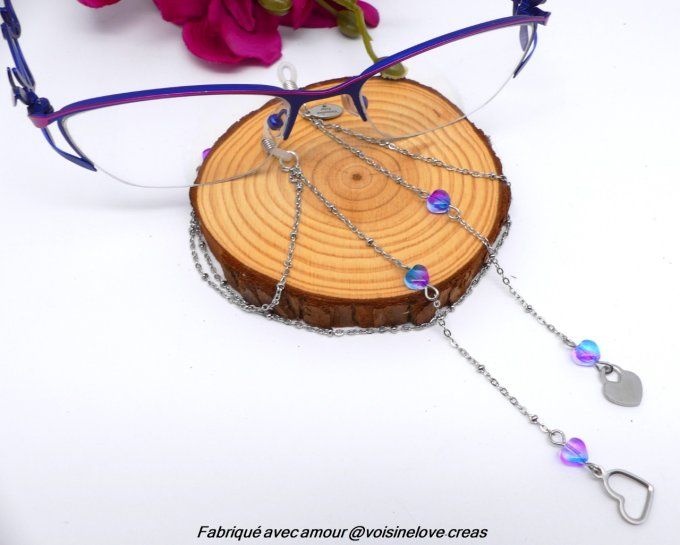 Cordon à lunette acier argent et perles coeur rose et bleu