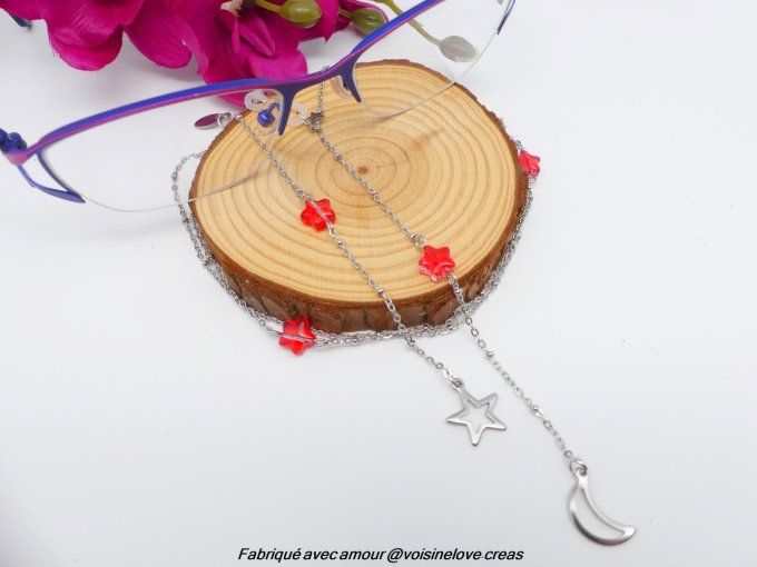 Cordon à lunette acier argent et perles étoiles rouge