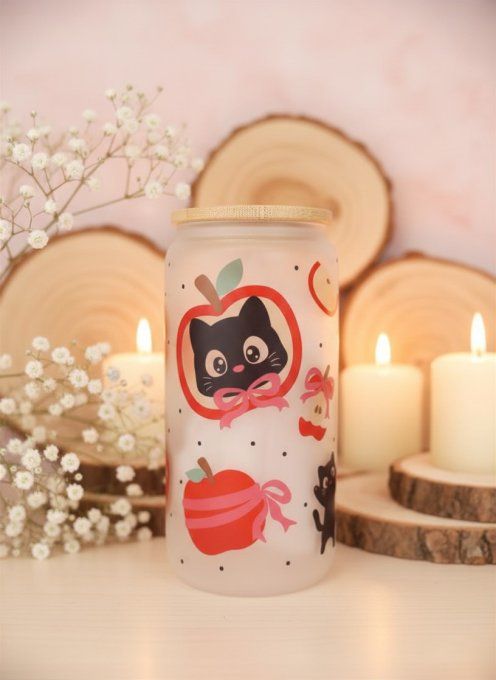 Verre canette en verre givré chat noir