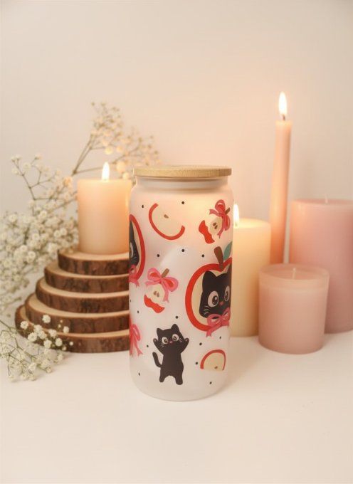 Verre canette en verre givré chat noir
