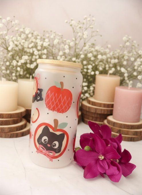 Verre canette en verre givré chat noir
