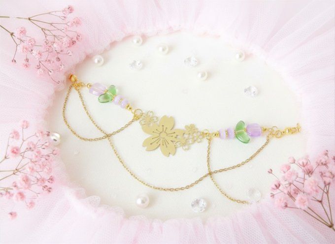 Collier lolita en métal fantaisie doré et perles de verre thèque