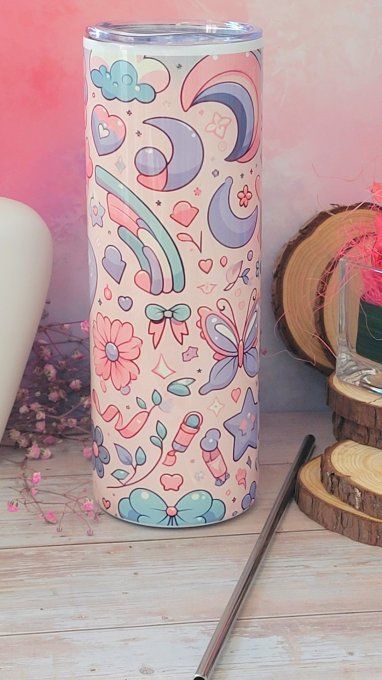 Tumbler en acier kawaii rose,bleu,mauve