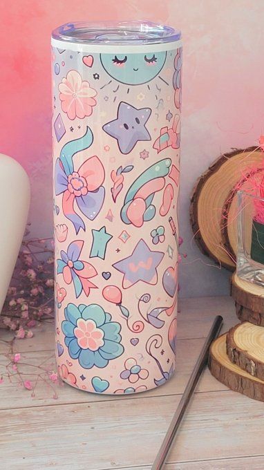 Tumbler en acier kawaii rose,bleu,mauve